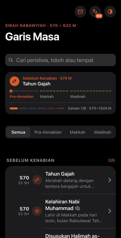 Garis Masa screen listing events from 570 M